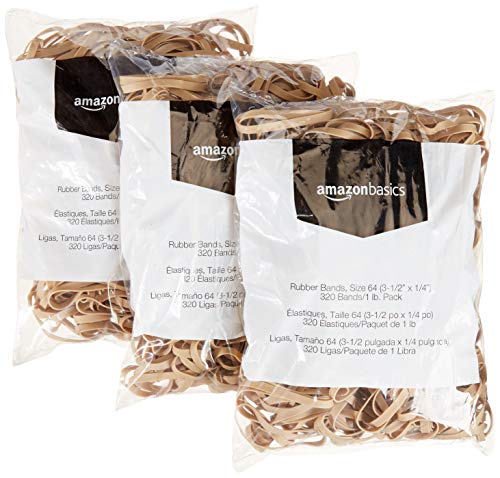 Image of Amazon Basics Rubber Bands, Office Supplies, Size 64 (1 /4 inch), 320 Bands /1 lb Pack, 6-Pack, Tan