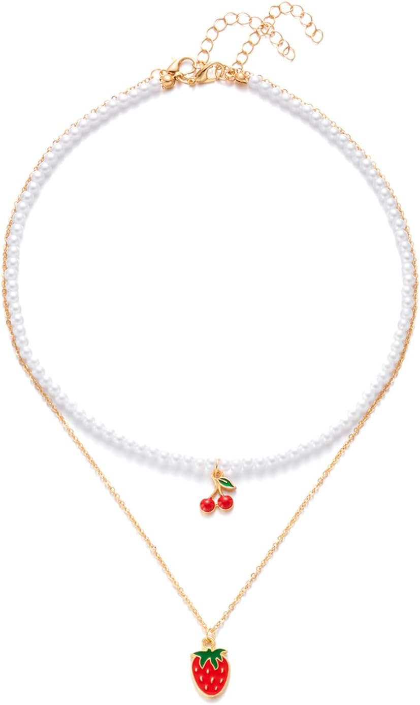 Cute strawberry necklace for women Cherry heart shaped butterfly chain Bohemia Fashion Jewelry Layered Pearl Choker Necklace Jewelry (2pcs heart strawberry)