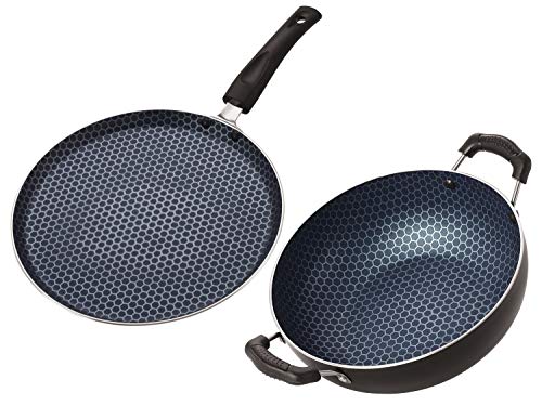 Image of Nirlon Honeycomb Non Induction Base Non Stick Aluminium 2 Piece Pots and Pan Set [Flat Dosa Tawa 26cm + Deep Kadhai 22cm - 1.8 Liter]