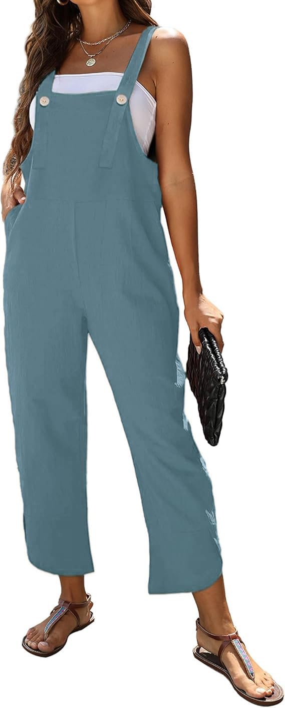 Women's Sleeveless Cotton Linen Overalls Rompers Baggy Wide Leg Jumpsuits