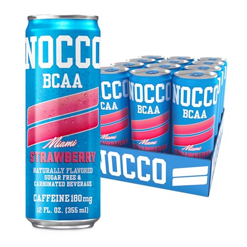 Image of NOCCO Zero Sugar Energy Drink, Miami Strawberry - 12 Fl Oz (Pack of 12) - 180mg Caffeine, Sugar Free, Branched Chain Amino Acids, Carbonated, Low Calorie, B Vitamins, Grab & Go Performance Beverage