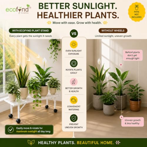 Image of ecofynd Scot 35 Inch Plant Stand with Wheels for Outdoor Balcony, Flower Pot Stand for Indoor Plants, Metal Plant Stand for Living Room, Home decor, Indoor & Outdoor plants, 1 Tier (2 Pack, PS051-WHT)