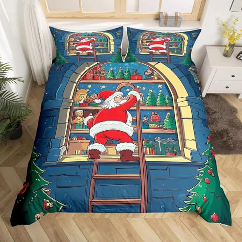 NDXRWDZR 布団セット サンタクロース 枕カバー付寝具 柔らかい 通気性 抗菌 防臭 防ダニ ポリエステル布団カバー 190x210 cm + 2 枕カバー 43x63 cm