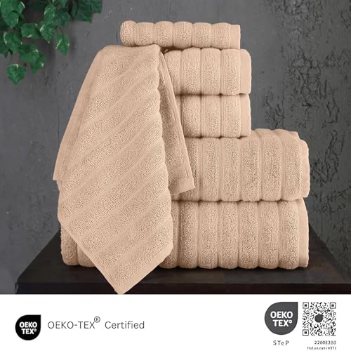 Classic Turkish Towels CTT Luxury 6 Piece Towel Set, 100% Turkish Cotton, Quick Drying, Highly Absorbent & Comfy, Includes 2 Bath Towels, 2 Hand Towels & 2 Washcloths | (Almond Beige) - Thumbnail 3