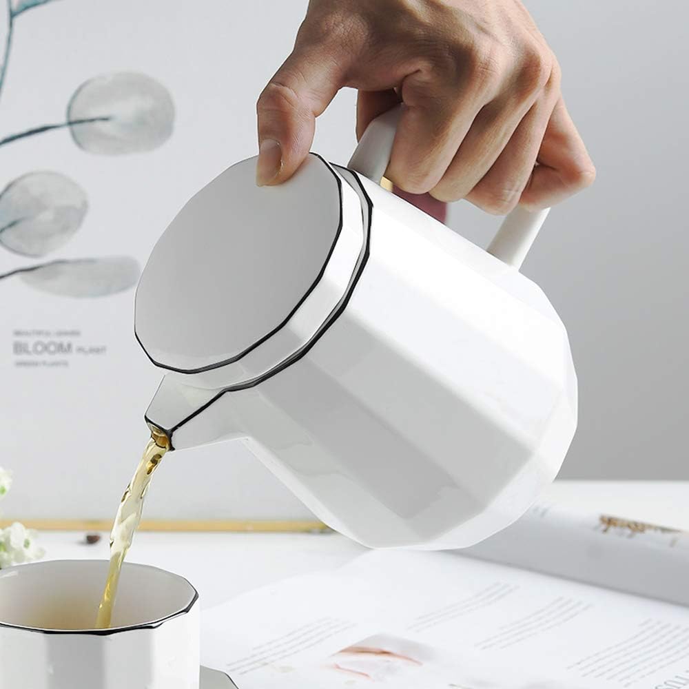 YOLIFE Modern Geometry Porcelain Tea Pot,White Ceramic Teapot with Black Rim 40 Ounce