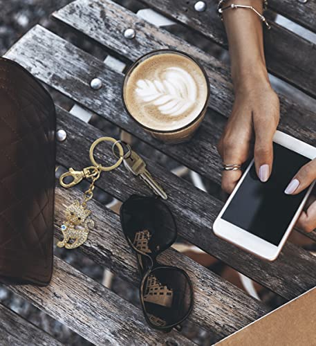 Aqua79 Stylish Cat Keychain - Gold 3D Sparkling Charm Rhinestones Fashionable Stylish Metal Alloy Durable Key Ring Bling Crystal Jewelry Accessory With Clasp #TOP6