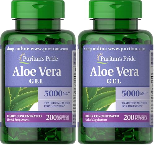 Puritan's Pride Aloe Vera Extract 25mg (5000mg Equivalent) Softgels, 200 Count (Packaging May Vary) (Pack of 2)