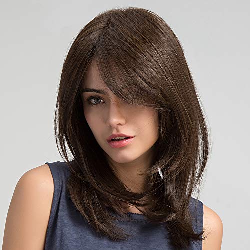 Didad Perucas de cabelo femininas para festa diária natural marrom escuro divisão lateral sintética