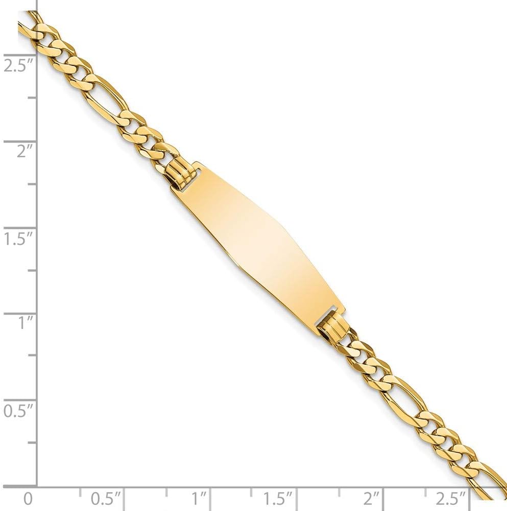 Engravable Personalized Custom 14K Yellow Gold Soft Diamond Shape Flat Figaro Link ID Bracelet For Men or Women Length 7 inches Width 9.5 mm With Lobster Claw Clasp