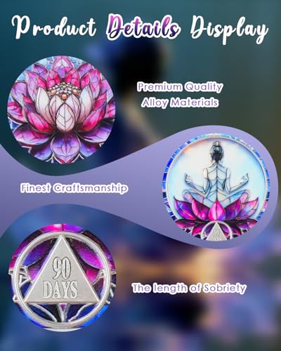 Image of CHURYUML 90 Day Sobriety Coin - Lotus Meditation 3 Month Sober Chip, Non-Religious AA Coins Recovery Medallions Alcoholics Anonymous Token Three Month Sobriety Gifts for Women Celebrating Milestones