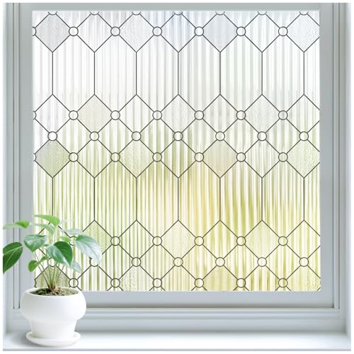 SUNBABY Reeded Glass Window Privacy Film, Frosted Glass Window Film for Bathroom & Front Door, Static Cling Decorative 3D Window Stickers Day and Night Privacy Sun Heat Blocking (17.5 x 78.7 Inch)