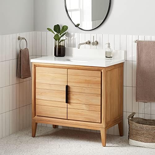 Signature Hardware 482558 Aliso 36" Free Standing Single Basin Vanity Set with Teak Cabinet, Quartz Vanity Top, and Rectangular Porcelain Undermount Sink - Natural Teak/Arctic White