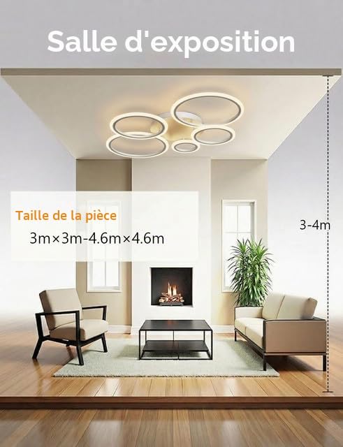Plafonnier LED Salon 100cm Lustre Moderne 5 Anneaux 72W Dimmable (3000K-6500K) avec Télécommande et Minuterie Lampe de Plafond Or pour Chambre Salle à Manger