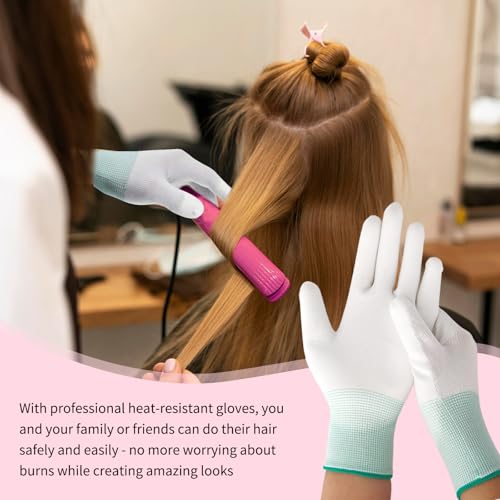 Pluvyze Hitzeschutz Handschuh 3 Doppel Hitzeschutzhandschuhe,Hitze Blockierung für Lockenstab,Wiederverwendbar Hitzebeständige Handschuhe mit Silikonfinger(Rosa Rand,Grüner Rand)