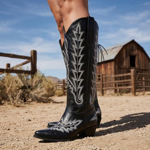 Image of Uillnoodu Wide Calf Cowboy Boots Women Adjustable Lace Up Knee High Tall Plus Size Cowgirl Boots Western Style Comfortable 2-Inch Heel