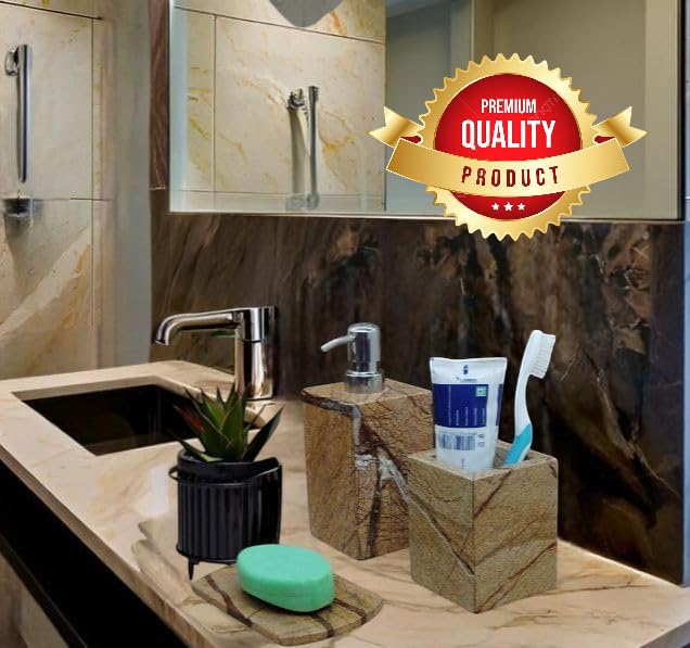 Image of Rainforest Golden Brown Marble Bathroom Accessories Set - 3-Piece Premium Set with Soap Dispenser, Tumbler & Soap Dish Weight 2500 g.