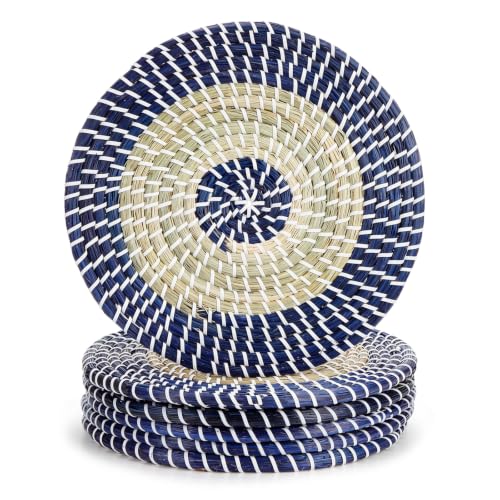 Gandeer 6 Pack Rattan Woven Placemats 11.8 Inch Round Rattan Charger Plates Boho Wicker Rattans Plate Rattans Chargers for Dinner Plates Woven Rustic Decorative Plate for Table Decor(Blue Circle)