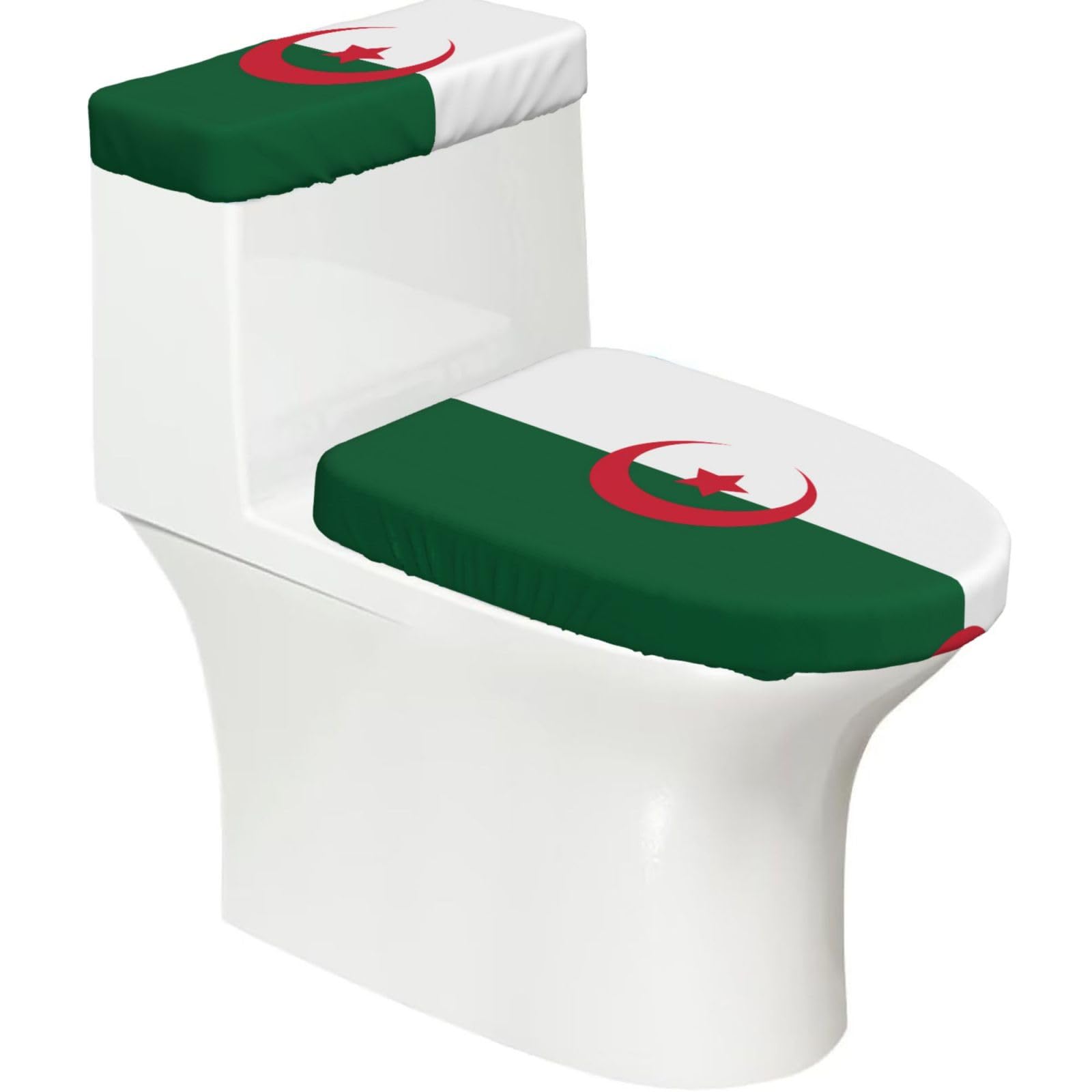 Wzycwb Black Flag Of Algeria 2-Piece Toilet Seat Cover Set With Tank Lid, Elastic Fit For U-Shape & Elongated Toilets, Bathroom Decor, Housewarming Gift