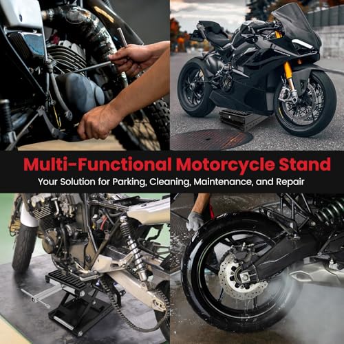 Image of 1300 LBS Motorcycle Jack, Thickened 0.48 inch Rubber Pad Motorcycle Lift, Upgraded Anti-Slip Bottom Dirtbike Stand, Carbon Steel Motorcycle Center Stand with Wide Deck, Chain Brush, T-Handle for ATV Black