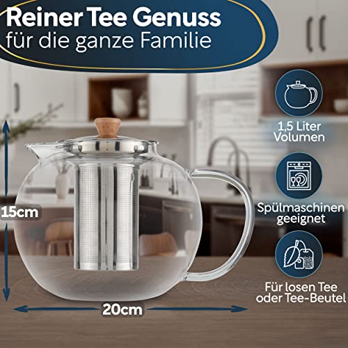 CLIDOR Teekanne mit Siebeinsatz - 1,5 Liter, verstärkte Glasstärke für bessere Isolierung, Teekanne mit Stövchen nutzbar, Glasteekanne, Thermo Teezubereiter, robuster Teapot, Teebereiter (1500ml)