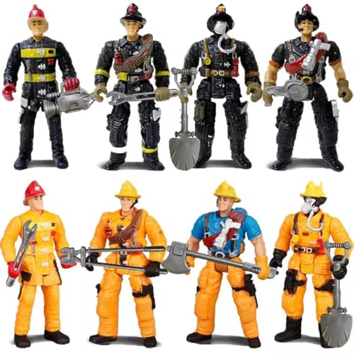 KEYUM 8 Pieces Firefighter Action Figures Fireman Figurines Toys with Tools for Party Decoration People Figures Playset for Kids & Toddlers