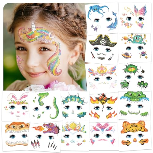 Acevegue 24 Bögen Gesichtstattoo Karneval für Kinder, Glitzer Fasching Schminke Tattoo Kinder, Schmetterling Einhorn Kindertattoos Gesicht Sticker Geschenke Adventskalender Füllung Weihnachtsgeschenke