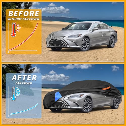 Image of Waterproof All-Weather Universal Car Cover with Right Side Zipper, 210D-PU Black Blue Fits for Sedan 165 inch to 177 inch Length