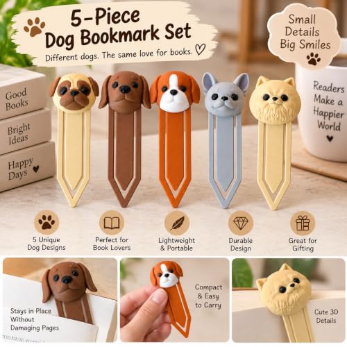 Image of 5 Pack Cute Dog Bookmarks, Unique 3D Page Markers for Readers & Gifting