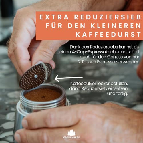 Foto von Groenenberg Espressokocher Induktion 4 o. 6 Tassen Espresso I Mokkakanne aus hochwertigem Edelstahl I Espressokanne mit Ersatzdichtung & Reduziersieb