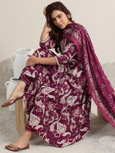 Image of Libas Printed Cotton Anarkali Kurta With Trouser and Dupatta