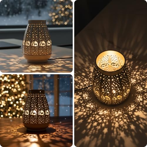 Image of ExclusiveLane 'Frostlight Christmas Lantern' Iron Decorative Table Lamp for Bedroom (22.4 Cm, Without Bulb, Hand-Etched) | Table Lamp for Living Room Decoration Bedside Lamp Bedside Lamps for Bedroom