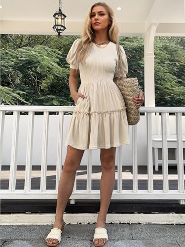 Image of Mieazom Women's Puff Sleeve Ruffle Dress, Brown Cotton Blend Mini Dress with Pockets, Elastic Waist & Flowy Fit