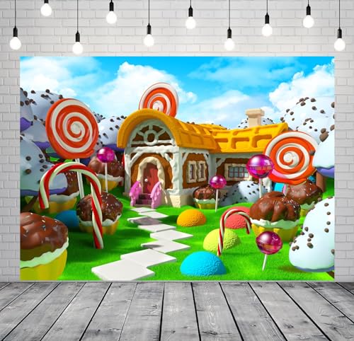BELECO 12x8ft Fabric Candyland Backdrop Cake House Lollipop Chocolate Cupcake