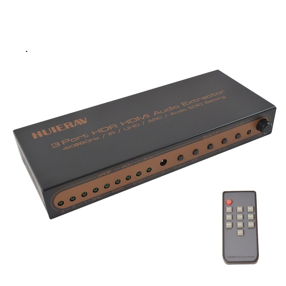 4K@60Hz HUIERAV HDMI 2.0 Switch 3x1 with Optical SPDIF & RCA L/R Audio Out, 3 in 1 Out HDMI Audio Extractor Switch with Remote,Support ARC,4Kx2K,18Gbps,UHD,HDR