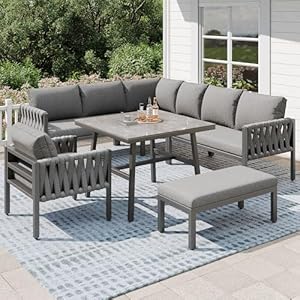 Merax Gartenmöbel Set 8-9 Personen, Sitzgruppe Gartenlounge Set mit Kissen & Tisch, Outdoor Ecksofa-Set aus verzinktem Eisen, handgeflochten dickem Seil, Essgruppe für Garten Balkon Terrasse, Grau