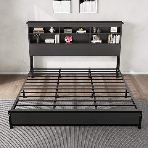 GarveeHome King Size Bed Frame with Bookcase Headboard, 2-Tier Storage King Platform Bed with Charging Station, No Box Spring Needed Easy Assemble Black Mattress Foundation