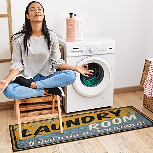 Machine Washable Bubbles Design Laundry Room Rug Non-Slip Rubberback 2X5 Laundry Runner Rug For Laundry Room, Bathroom, Washroom, 20" X 59", Yellow/Gray #TOP7
