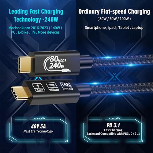 CHENLENIC USB4 Cable, with Thunderbolt 5 Cable, 240 W Charging, 80 Gbps Data, gen4,16K@60Hz 4K120Hz HDR, USB C to USB C, for Hub, Dock, M2, M3, SSD, Laptops, Monitor (TB5 80G 240W 1M) - image 8