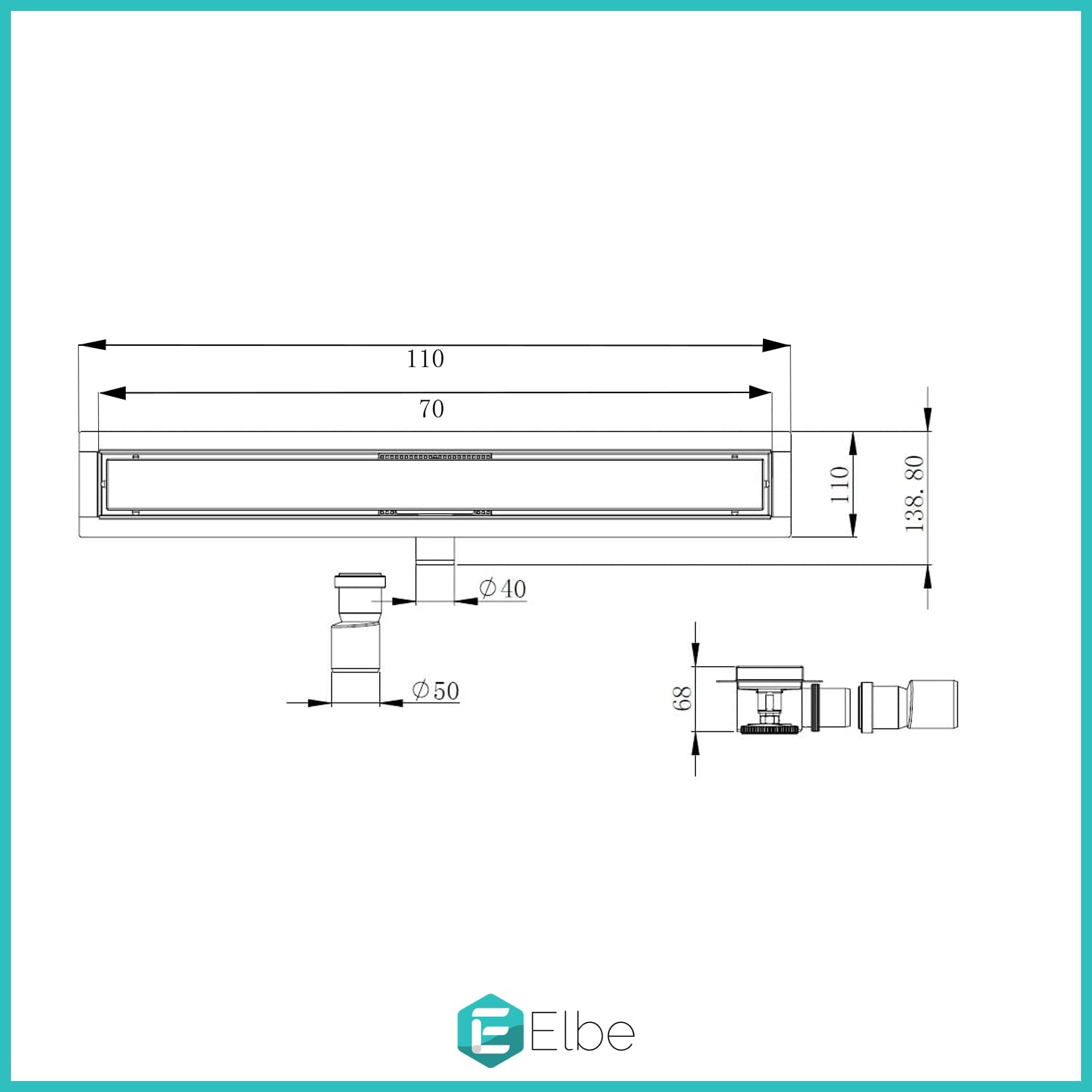 Elbe Canaletta scarico per doccia con griglia a feritoia Canalina doccia in acciaio inox Piletta Drenaggio con flangia perimetrale 70 cm RN-K070A