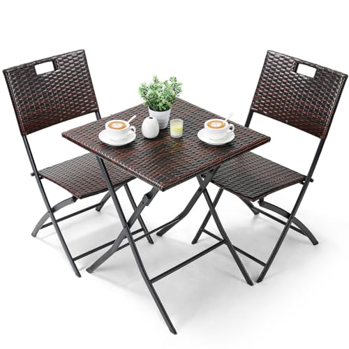 LIFERUN Set de Bistro 3 pièces, Salon de Jardin Pliable, Ensemble de Balcon en Rotin, 2 Chaises et 1 Table, Ensemble Bistrot Marron, Ensemble Table Chaise...