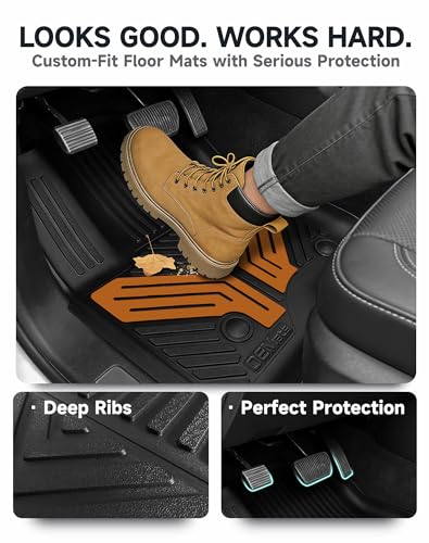 Image of Color TPE Floor Mats 2019-2026 for Chevrolet Silverado /GMC Sierra 1500 & 2500HD /3500HD 2020-2026 | Crew Cab | Without Rear Underseat Storage | All-Weather Floor Liners Full Set, Desert Amber