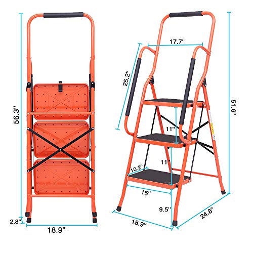 LUISLADDERS 3 Step Ladder Tool Ladder Folding Portable Steel Frame Ladders Safety Padded Handrails with Large Area Pedals for Kitchen Home and Office (330lbs)