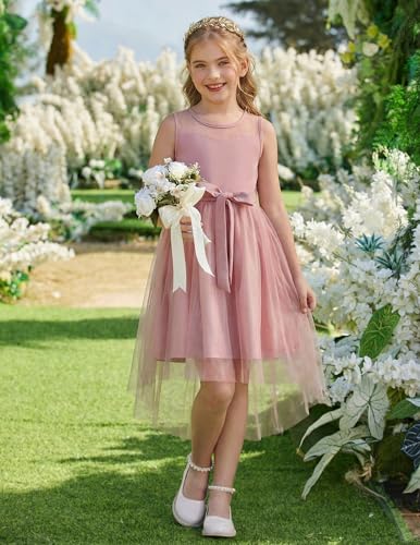 Image of Arshiner Girls Dresses Formal Party Wedding Tulle Sleeveless Contrast Mesh High Low Dress with Belt