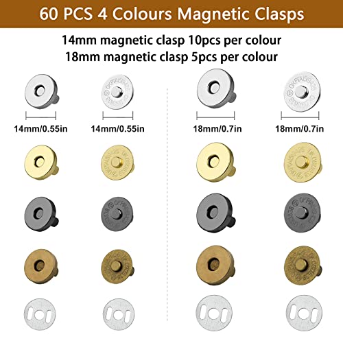 CoKeeSun Magnetic Clasps for Bags 60 Pcs, Magnetic Buttons 14mm and 18mm, Metal Bag Clasps and Closures Set including Washers - Image 2