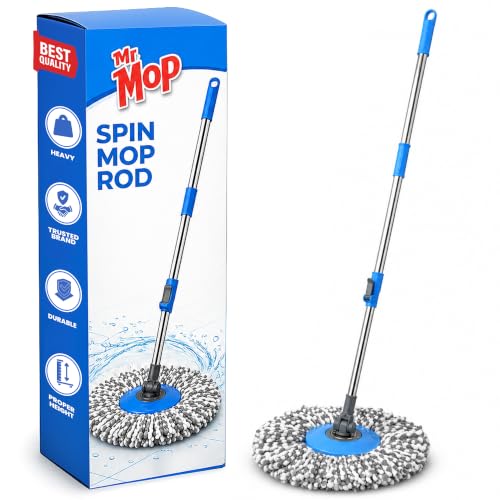 Image of Mr.Mop 360 Degree Spin Universal Mop Stick Rod with 1 Microfiber Grey Refill | Magical Extendable Handle Pocha for Floor Cleaning - Blue Rod + Grey Refill