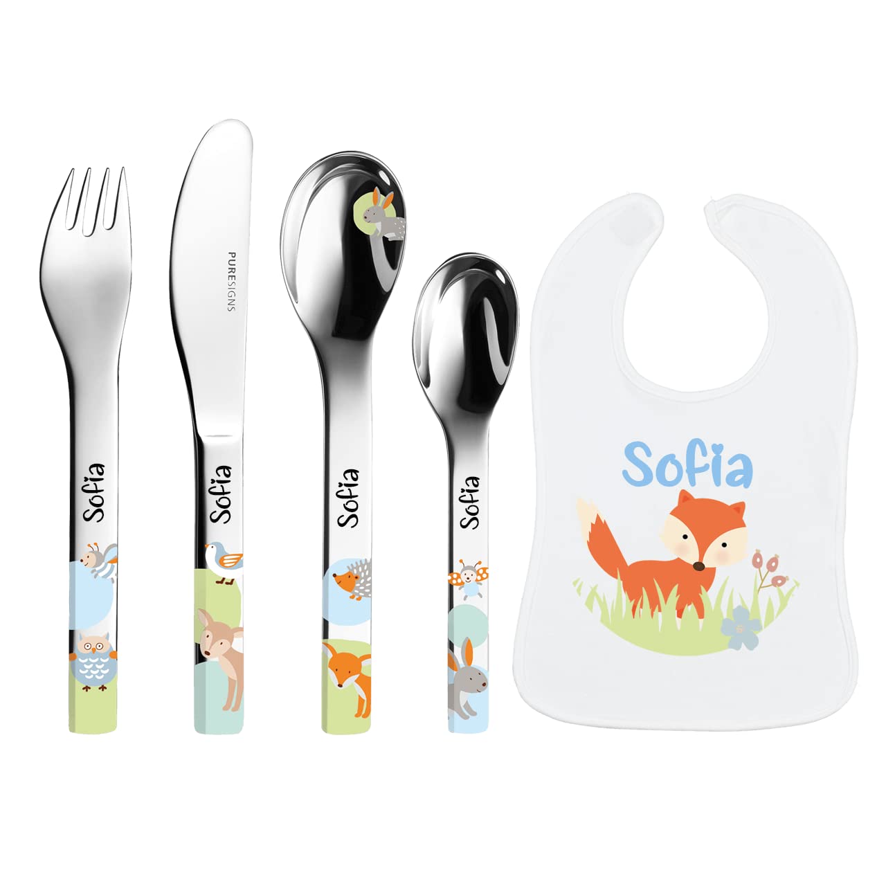 Geburtsgeschenk mit Namen: Kinderbesteck Woody mit Gravur + Lätzchen mit Namen - Fuchs Geschenk Neugeborene (Junge/Mädchen)