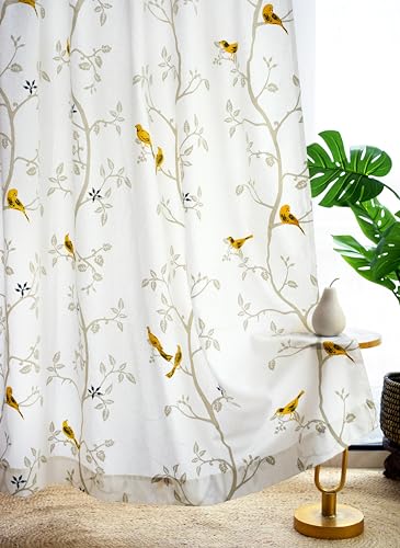 Image of Tranquebar Curtain Co. Window Curtains 6 Feet, 60-65% Room Darkening, Yellow Bird Print, Cotton Curtains for Window, Cotton Curtains 6 Feet Long Set of 2, BackTab Loops, Yori (183 cm) - Set of 2