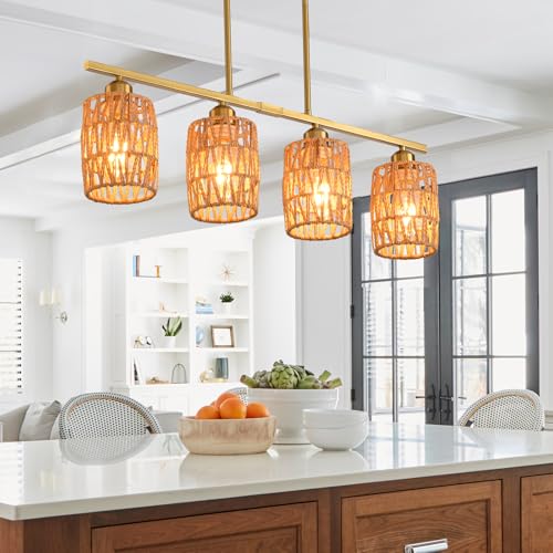 Ovyiech Rattan Kitchen Island Lighting,Farmhouse Boho Coastalv Chandelier,4-Light Bohemian Rustic Pendant Light for Dining Room,Height Adjustable,Woven Hanging Lights Fixture Over Table by Ovyiech - Used condition - Image 8