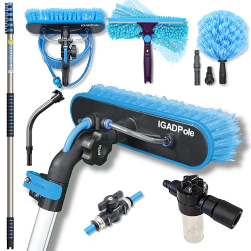 IGADPole 28ft(8.8m) Washing Kit: Water-fed Brush, Cobweb Duster and 10”(25cm) Squeegee and Soap Dispenser, Window Cleaning Pole, Water Fed Telescopic Brush, Window Cleaner Kit, Blue
