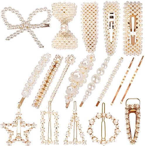 ANBALA Pearl Hair Clips for Women Girls, 18pcs Pearl Hair Clips Pins Geometric Barrette Decorative Bobby Pins Bow Alligator Clips for Party Wedding Daily, Applies to Bun Updo